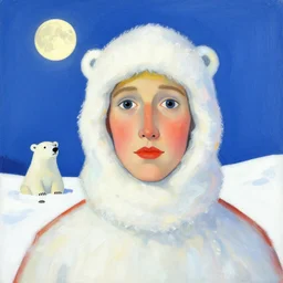 cubist portrait of sky, winter, snow, 1 9 5 0 s, eskimo, moon, polar bear, nicoletta ceccoli, mark ryden, lostfish, artstation, illustration, digital paint, matte paint, vivid colors, bright, cheerful