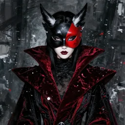 fashion portrait of a beautiful monster, all dressed in black, beautiful face and eyes, black and red mask on her face, black and red velvet fabric, highly detailed, white accents, cel shaded, cinematic shot, trending on artstation, high quality, detailed and chaotic background, brush strokes all over, by tom bagshaw and jama jurabaev
