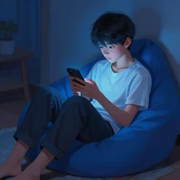 beautiful!!!!!! digital painting of a short asian teenager with short hair sitting in a bean bag and playing on his phone in a dark dimly - lit room, global illumination!!!!!!! sad!!!!! blue!!!! stunning digital painting, top digital painting, expressive character design, 4 k quality, highly detailed, smooth, sharp focus, clear, trending on artstation