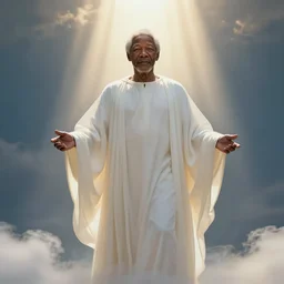 Morgan Freeman wearing white robes in heaven, god rays