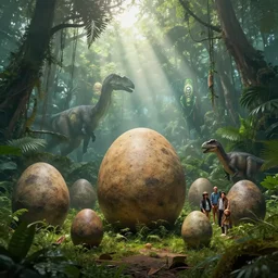 triassic, large dinosaur eggs, dinosaur family, lush green triassic jungle, sun beams through thick fog, glowing alien artifact, les edwards, zdzislaw beksinski, carl gustav carus, john harris, michal karcz, zhang kechun, mikko lagerstedt, scott listfield, steven outram, jessica rossier