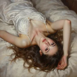 highly detailed oil painting, portrait of beautiful girl wearing night gown laying in her bed, fantasy character portrait, dynamic pose, above view, top lighting, realistic shaded, perfect face, 8 k realistic, hyper detailed, digital painting, artstation, concept art, hyper detailed eyes, top lighting, art by artgerm
