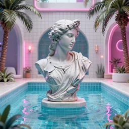 a broken statue in a surreal underground white tiled swimming pool surrounded by neon lights and palm trees in vapor wave style, 3D octane render, hyperrealistic, finely detailed, dramatic lighting, neon lighting, unreal engine, houdini, 8k, 4k, raytracing