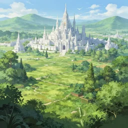 Lush farmland outside a beautiful elven city made of white marble, anime, lush trees, a fantasy digital painting by Greg Rutkowski and James Gurney, trending on Artstation, highly detailed