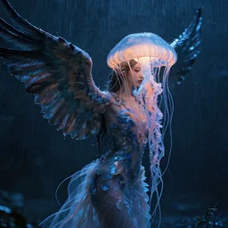 hyperrealism, night background rain, 3 / 4 profile portrait of a goddess jellyfish phoenix crow wings, artwork by tooth wu and wlop. octane render, trending on artstation, greg rutkowski cinematic, hyper realism, high detail, octane render, 8 k