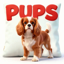 concept art for the main character in the award winning film named pups on a pillow. the character is a handsome / caviler king charles spaniel / with blenheim fur. realistic cg render, anatomically correct, high key lighting, trending on art station, vibrant colors.