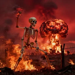 a skeleton on fire grabbing hold of a fence, a nuclear explosion is in the background, smoke filled red sky, by greg rutkowski, dramatic lighting