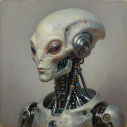 cinematic bust portrait of psychedelic robot from left, head and chest only, exotic alien features, robotic enhancements, desaturated, Tim Hildebrandt, Wayne Barlowe, Bruce Pennington, donato giancola, larry elmore, oil on canvas, masterpiece, trending on artstation, featured on pixiv, cinematic composition, whole head visible, dramatic pose, beautiful lighting, sharp, details, hyper-detailed, HD, HDR, 4K, 8K