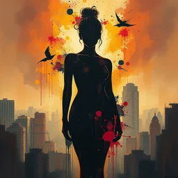 abstract portrait of full body dark seraphim female hips silhouette, city in the background, beautiful abstract full body, rembrandt light female shape, center bottom frame, face symmetry, colorful spray paint splatters, expressive, abstract art, by greg rutkowski, by jeremy mann, by francoise nielly, 4 k, 8 k, correct body proportion, cinematic style, female shape shadow