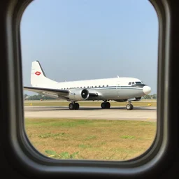 Window view of an African airport of a Lockheed L-188 Electra parked on the runway, norman rockwell and andrew loomis artwork