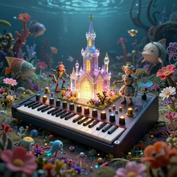 a centered render of intricate modular synthesizer of alice in wonderland, shining its light across a tumultuous sea of flowers, undersea animals and crystal church, robots by dorothea tanning and salvador dali, trending on artstation, cyber punk, octane render, high detailed, human : - 2, blur : - 2, depth of field : - 2, - n 4