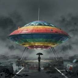 a realistic and atmospheric cell - shaded concept art from howl's moving castle ( 2 0 0 4 ) of a rainbow colored ufo landing on the ground. a man with an umbrella is standing in a flooded parking lot. it is a misty starry night. very dull muted colors, hd, 4 k, hq