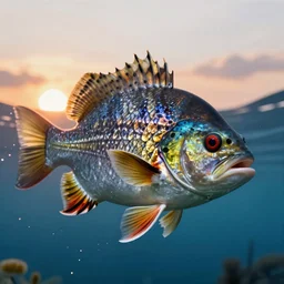 centered detailed portrait of a extremely beautiful fish as a firefighter underwater, sharp focus on the eyes, sunset, details, intricate, octane render, smooth face, illustration, hyperrealistic, by wlop and dmitry prozorov, artgerm, artstation,