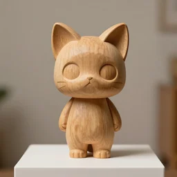 realistic a wooden sculpture carving, art toys collection on a pedestal, a very cute figurine cat's ears in a zen rebelle