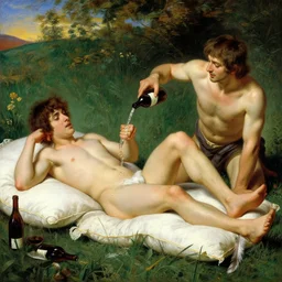 ares tickles achilles the champion with a feather on a bed of pillows in a meadow, wine flows, painting by gaston bussiere, craig mullins, j. c. leyendecker, tom of finland