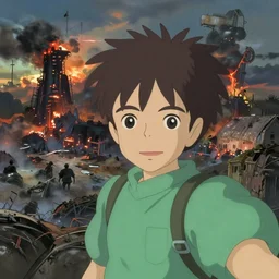 last selfie on earth, apocalyptic world after world war, ghibli studio style, trending on artstation, deviantart