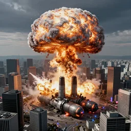 hyper detailed mushroom! clouds! explosions formed by h - bombs! detonations in the middle of tokyo, raising between the buildings, highly detailed, chaos everywhere, police lights, concept art, smooth, sharp focus, modern war photography, awarded photography, futuristic style, popular on artstation, unreal engine, drone shot, nvidia graphics,.