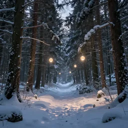 glowing lights floating in winter forest, artstation winter landscapes, fantasy art