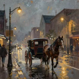 streetlife dusk scene of a horse carriage on a rainy day with street lights, roaring twenties, oil painting with muted colors