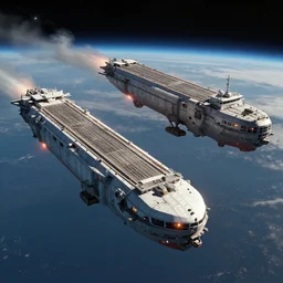 a space battle between freighters, award winning, trending on artstation, unreal engine