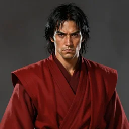 portrait of a man by greg rutkowski, jedi knight, japanese features, straight jaw, samurai vibes, messy black hair, tall and muscular, attractive, wearing red colored jedi robes, star wars expanded universe, highly detailed portrait, digital painting, artstation, concept art, smooth, sharp foccus ilustration, artstation hq