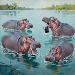 a shallows with hippopotamuses. in a neo - figurative art style. using action painting.