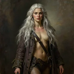beautiful portrait oil painting, 3 0 years old rugged feminine muscular female, regal, refined, realistic, aloof, spirited, pirate long soft flowing white silver hair, upper body only open long coat elegant rugged handsome, bussiere rutkowski andreas rocha, cinematic lighting 1 9 2 0 period drama, unreal, natural tpose