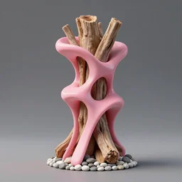 a column made of driftwood, pink pla plastic, 3 d print, pebbles, zaha hadid, organic shape, parametric design, concept art, cinema 4 d, high - res, octane render, trending on artsstation, unreal engine