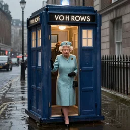 Queen Elizabeth II stepping out of the Tardis on a dark rainy London street, highly detailed, digital painting, concept art, smooth, sharp focus