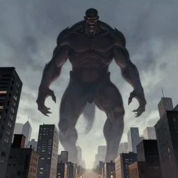 evil giant towering over a city, low angle, one point perspective, artwork by Greg Rutkowski