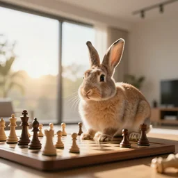 a rabbit playing chess in a modern house, digital art, window sunshine, beautiful lightning, golden hour, bright, realistic, trending on artstation