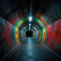 underground subway tunnel, vibrant, modern, concept art, scary, horror vibes, matte painting, flash photography, low angle photo