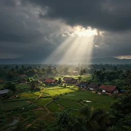 kerala village countryside, beautiful dynamic lighting, cinematic, wide angle establishing shot, extremely high detail, photo realistic, cinematic lighting, post processed, concept art, artstation, matte painting, style by eddie mendoza, raphael lacoste, alex ross, volumetric lighting, light rays, photorealistic, ultrarealistic, moody, coronarender, 8k