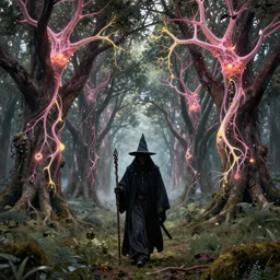 an dark wizard of old walking through an open field with his staff in a beautiful forest of ancient neurons and pink and yellow glowing synapses running through the forest, huge incredibly immense trees, highly detailed, hyperrealism, cgsociety, 8k, fanal forest, misty forest, realistic painting, sharp image, hyper realistic art, cinematic, art by konstantin razumov, chiaroscuro