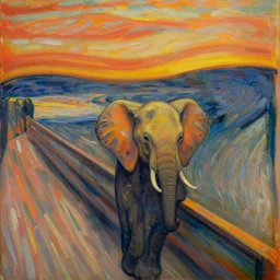 close up of elephant on a scenic steppe during sunrise, painting by edvard munch
