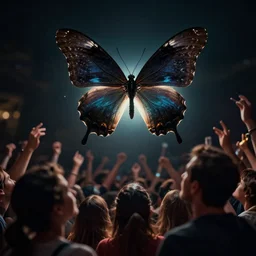 a large, dark, glowing butterfly is seen above the crowd, by craig mullins and moebius