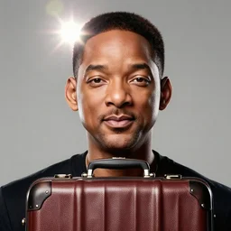 portrait art of Will Smith with a suitcase with his face on it 8k ultra realistic , lens flare, atmosphere, glow, detailed, intricate, full of colour, cinematic lighting, trending on artstation, 4k, hyperrealistic, focused, extreme details, unreal engine 5, cinematic, masterpiece