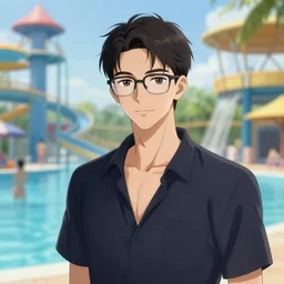 slender buff dagestan man with glasses in a water park digital art, 8 k, character, realism, anime, portrait