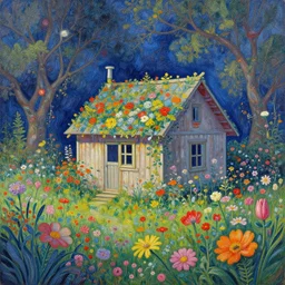 a cabin in a mystical field of flowers, oil on canvas, intricate, hd, digital art, complementing colors, detailed, illustration painting by alex gray, digital art, moebius