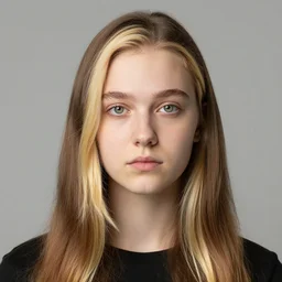 brunette with dyed blonde hair, 21 years old, 165 cm tall, long flat hair, blonde, green eyes, 20% smaller nose, small mouth, round shaped face, big forehead, lop eared, thin eyebrows, real life Carl Zeiss optics photo