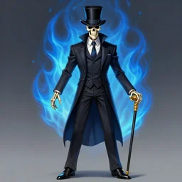 dnd character art, skeletal male figure, wearing a deep black suit!!! and tie and top hat, holding a gold! cane!, blue flames in background, blue flames