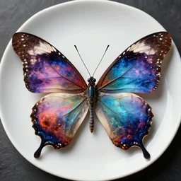 hyper - detailed render of a butterfly with wings made of colorful nebulae, ceramic plate background, top down view, unreal engine 5,