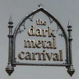 3d sculpt of an arched gothic ironwork sign for a circus called 'the dark metal carnival', artstaton, digital illustration