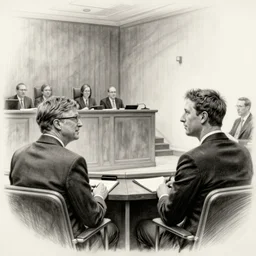 courtroom sketch of bill gates vs mark zuckerberg listening at the veredict. charcoal on brown paper. american flag