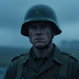 a cinematic headshot photograph of a soldier, stormy weather, smokey, film still, cinematic, dramatic lighting, blue color theme, by zack snyder