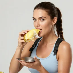 Lara croft eating durian , professional model