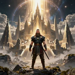 a mighty viking warrior standing in front of a landscape of a big and structured city inpired by valhalla, big and structured valhalla city, viking heaven, god rays, inspired by norse mythology, portal to outer space, 4k digital art, octane render, trending on artstation, digital art,