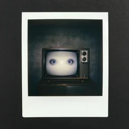 small and dark concrete room with an old tv showing a pair of eyes, creepy, eerie, old polaroid, expired film,