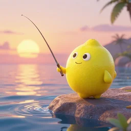 a Cgi pixar lemon fishing at sunset