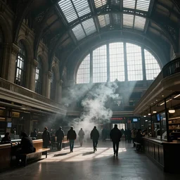 interior of a victorian railway station, smoke, atmospheric, dramatic architecture